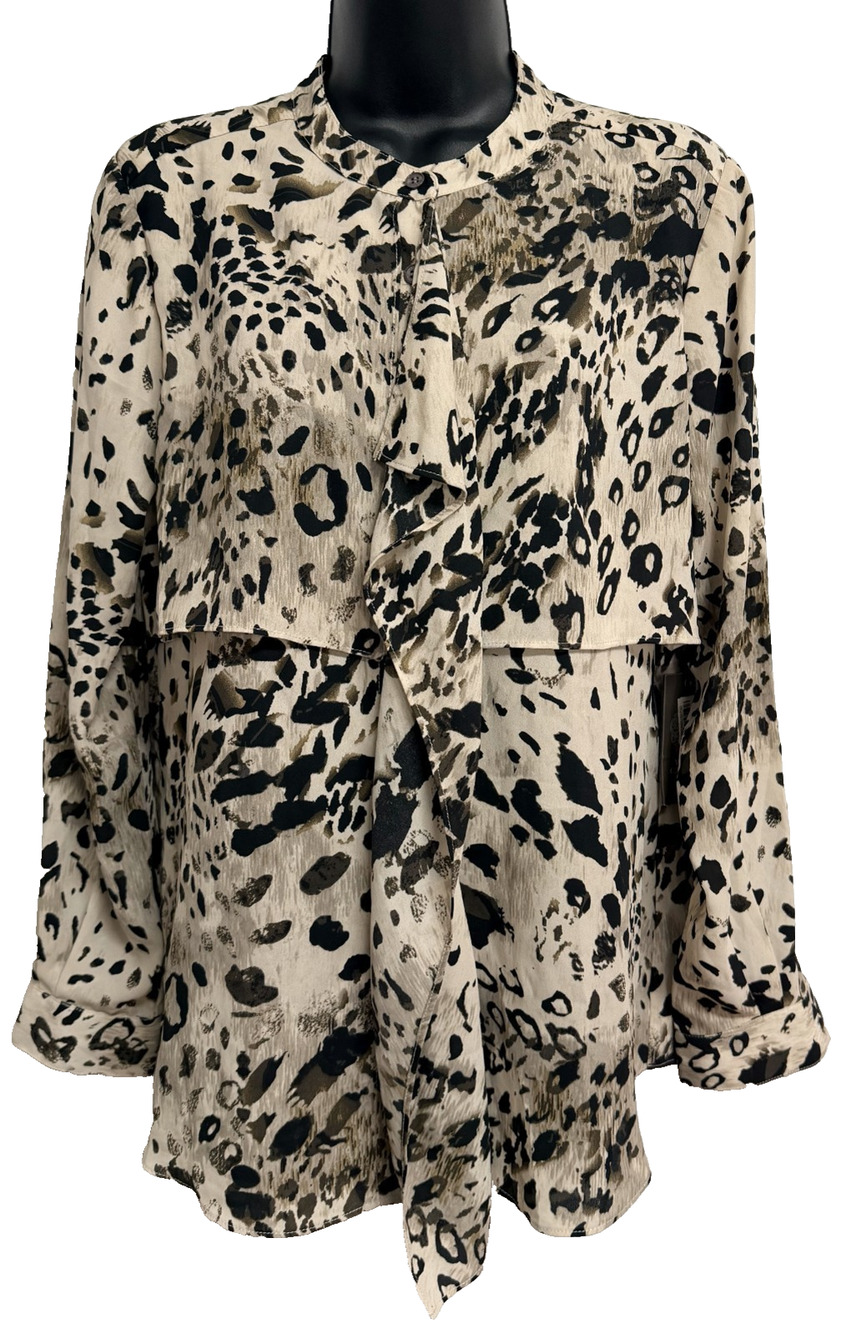 Vince Camuto Ruffle Blouse Women's Small Beige Rich Black Leopard Print Top NEW